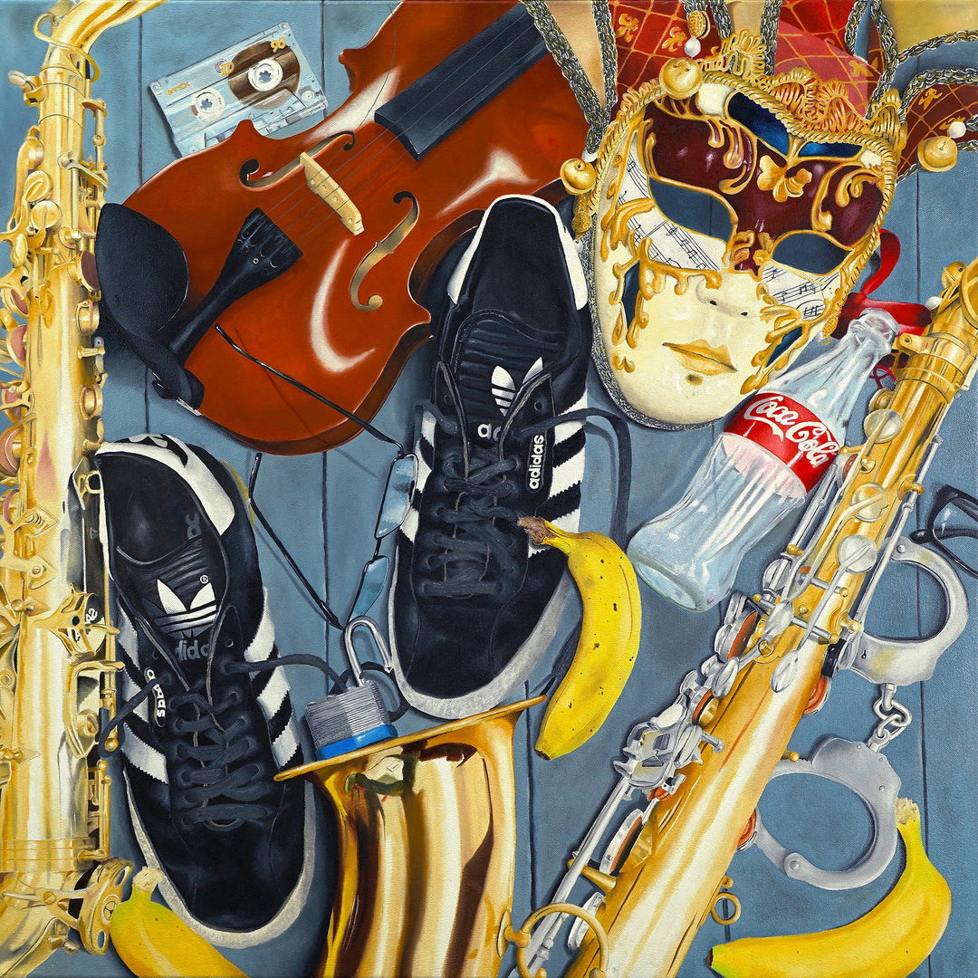 A highly detailed still-life oil painting featuring black Adidas trainers, a Venetian-style mask, saxophones, a violin, a glass Coca-Cola bottle, bananas, a cassette tape, and metal handcuffs arranged in a dense composition with reflective brass, polished wood, textured leather, and bright colour accents.