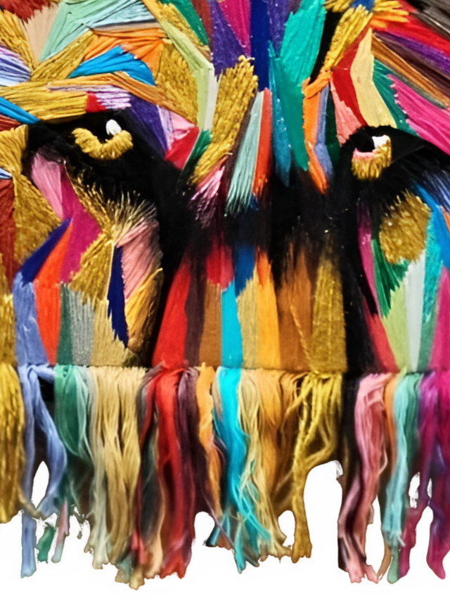 “Failed Love Affair” by Helena Safari, embroidered and painted mixed-media canvas featuring a vivid wolf face built from multicoloured threads in reds, blues, yellows, purples, and greens, with flowing tassel-like embroidery extending beyond the canvas. The backdrop is black with distressed gold stencilled text repeating the phrase “The Failed Love Affair,” creating a striking contrast between vibrant threadwork and dark, textured surface.