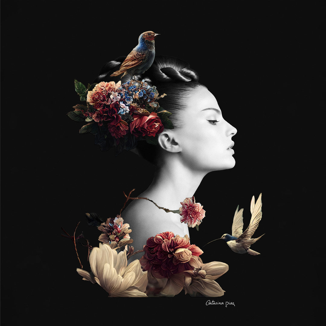 “Faith” by Catarina Diaz – hand-signed fine art print featuring a monochrome female profile adorned with rich red and blush florals, perched songbird, and hovering hummingbird against a deep black background.