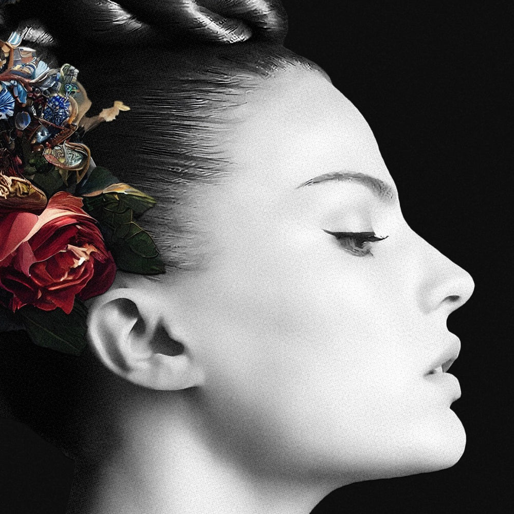 “Faith” by Catarina Diaz – hand-signed fine art print featuring a monochrome female profile adorned with rich red and blush florals, perched songbird, and hovering hummingbird against a deep black background.