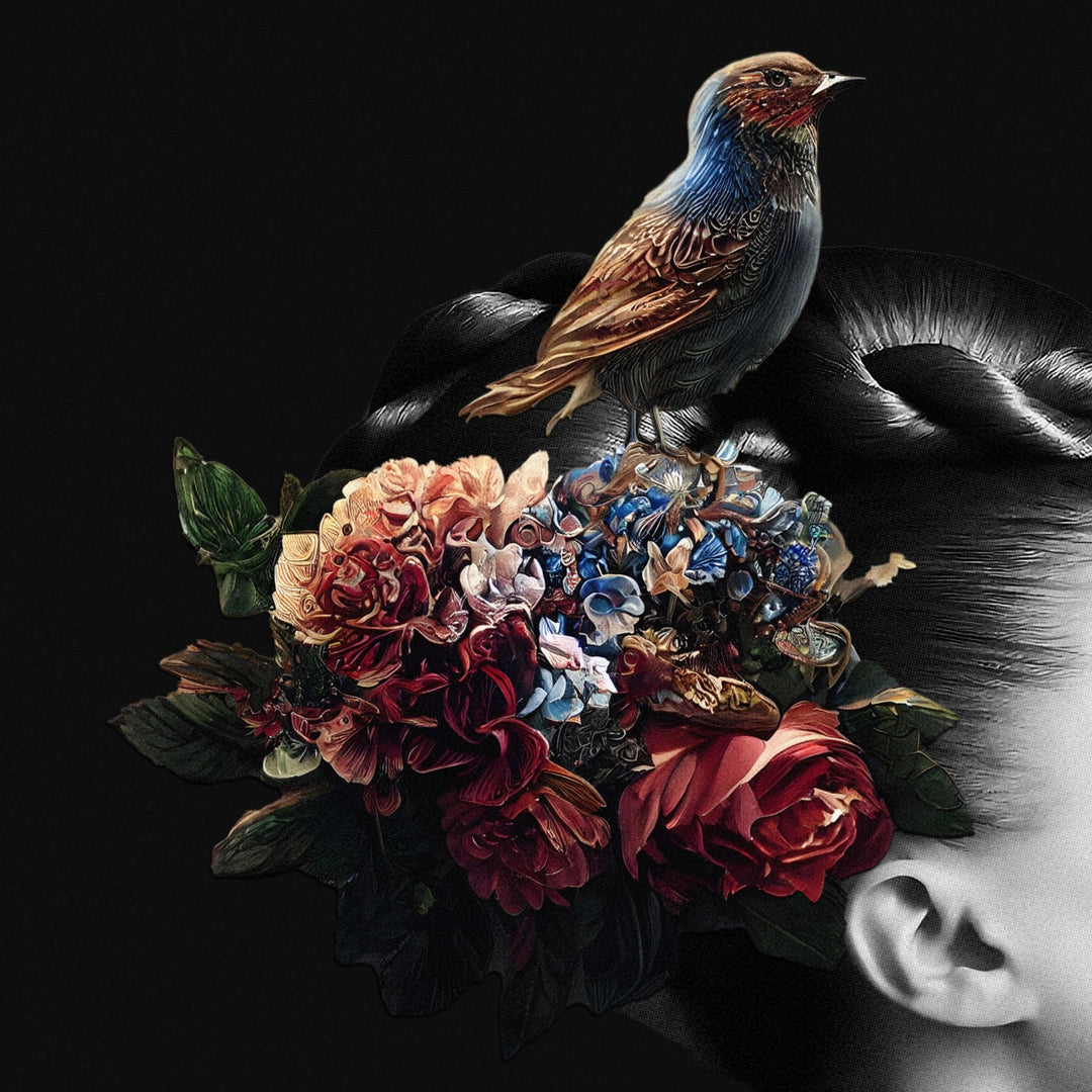 “Faith” by Catarina Diaz – hand-signed fine art print featuring a monochrome female profile adorned with rich red and blush florals, perched songbird, and hovering hummingbird against a deep black background.