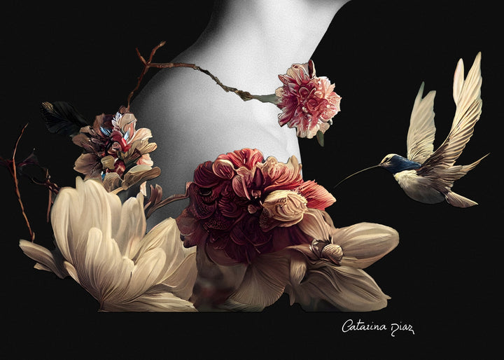 “Faith” by Catarina Diaz – hand-signed fine art print featuring a monochrome female profile adorned with rich red and blush florals, perched songbird, and hovering hummingbird against a deep black background.