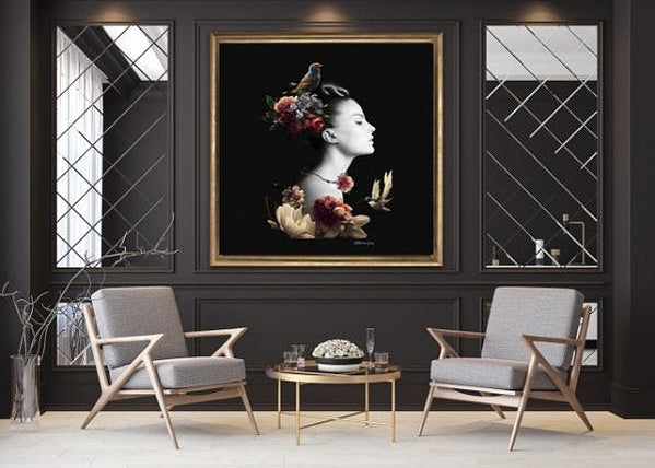 “Faith” by Catarina Diaz – hand-signed fine art print featuring a monochrome female profile adorned with rich red and blush florals, perched songbird, and hovering hummingbird against a deep black background.
