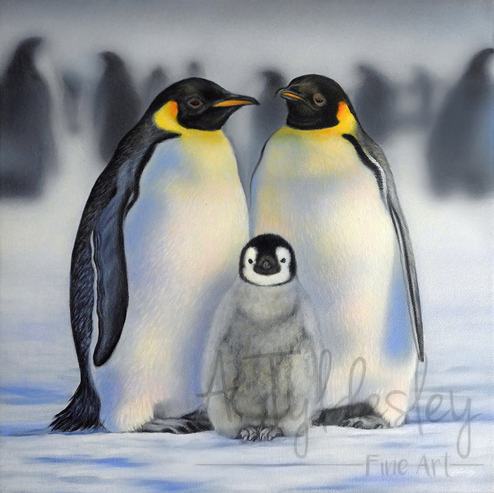 Painting of two adult emperor penguins standing protectively over a fluffy chick in a snowy landscape.