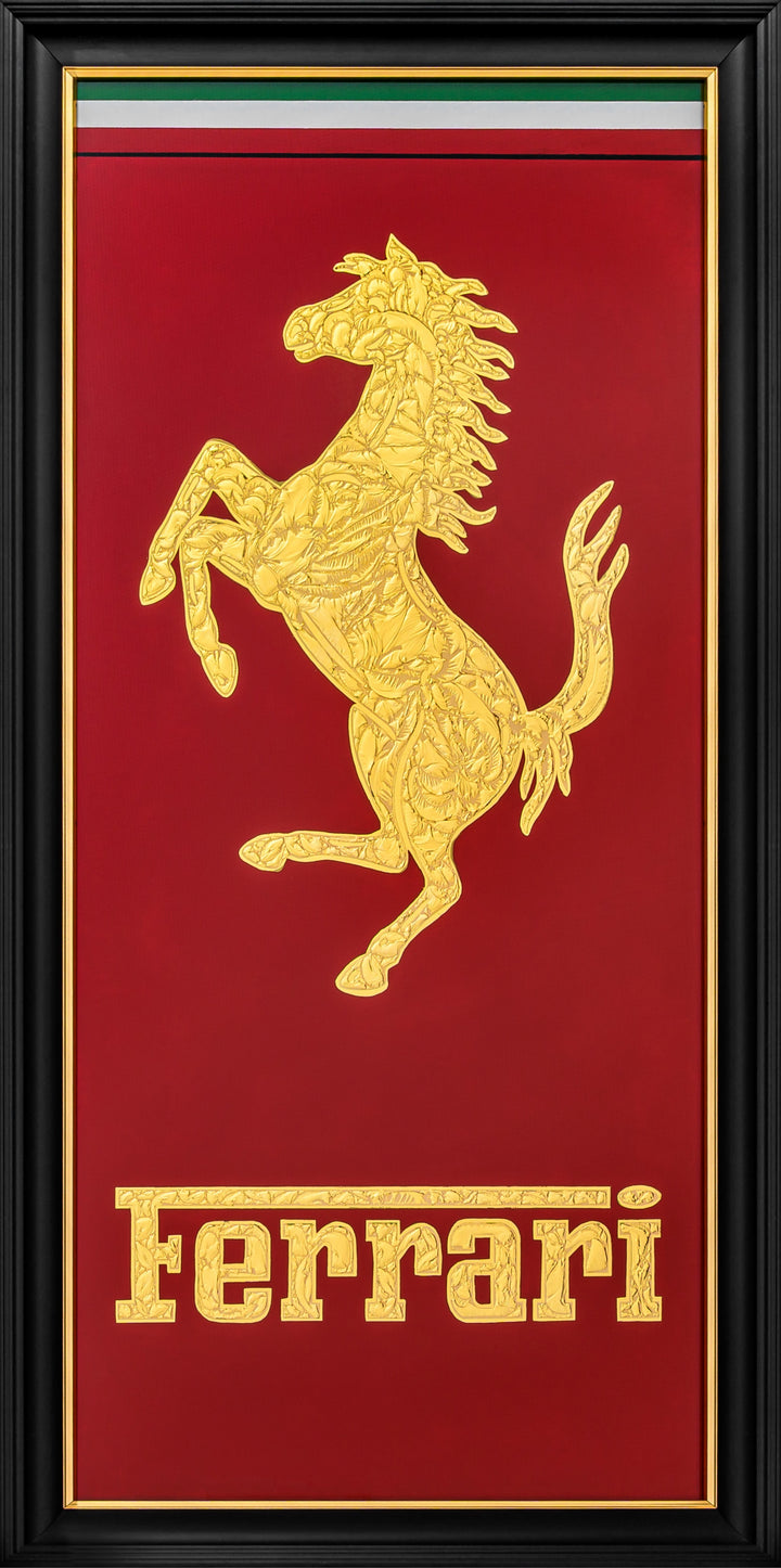 Vince Edmunds Ferrari Cavallino Rampante in 24ct gold leaf on reverse glass, rearing horse on red enamel background with textured glue-chipped detail