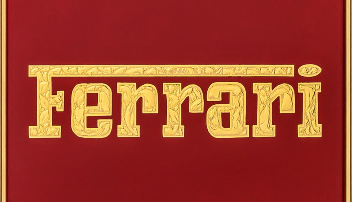 Vince Edmunds Ferrari Cavallino Rampante in 24ct gold leaf on reverse glass, rearing horse on red enamel background with textured glue-chipped detail
