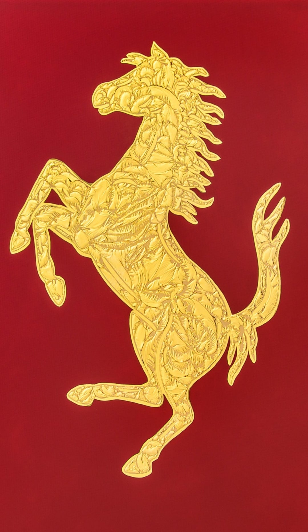 Vince Edmunds Ferrari Cavallino Rampante in 24ct gold leaf on reverse glass, rearing horse on red enamel background with textured glue-chipped detail