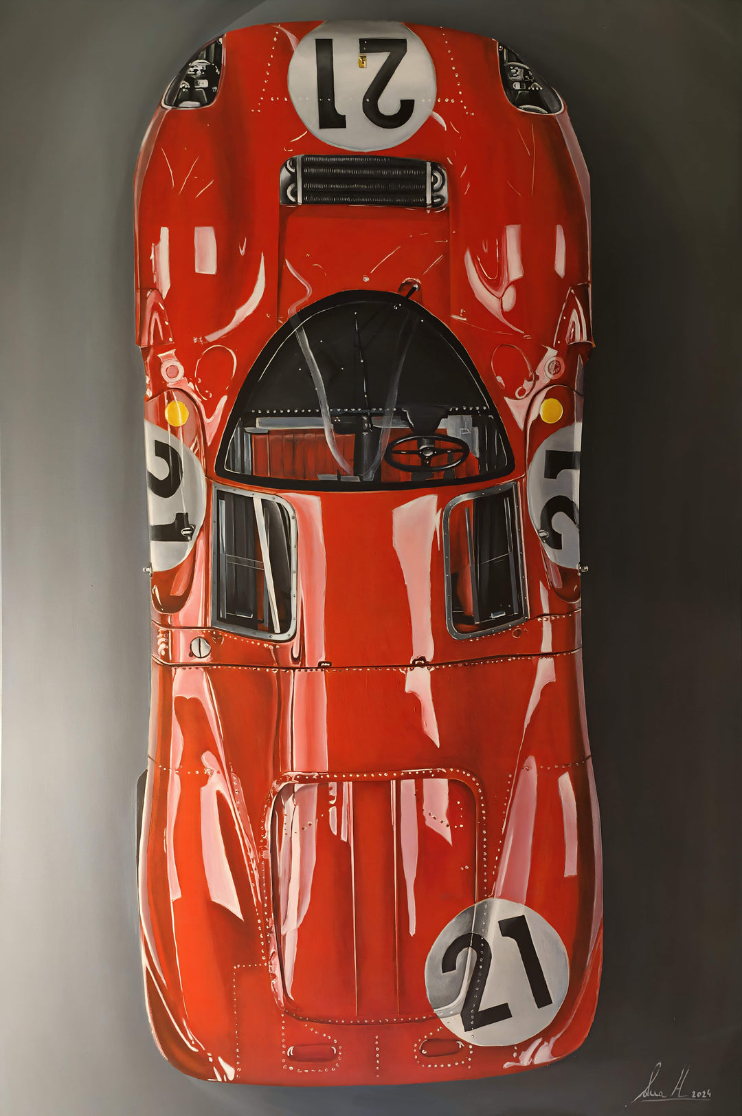 Hyperrealistic top-down portrait of the iconic Ferrari 330 P4 endurance racing car, painted in deep glossy Ferrari red with crisp white racing roundels bearing the number 21. Sleek aerodynamic curves, riveted bodywork, and black cockpit details are captured with extraordinary precision against a dark gradient background. A celebration of Italian engineering and motorsport heritage elevated to fine art.
