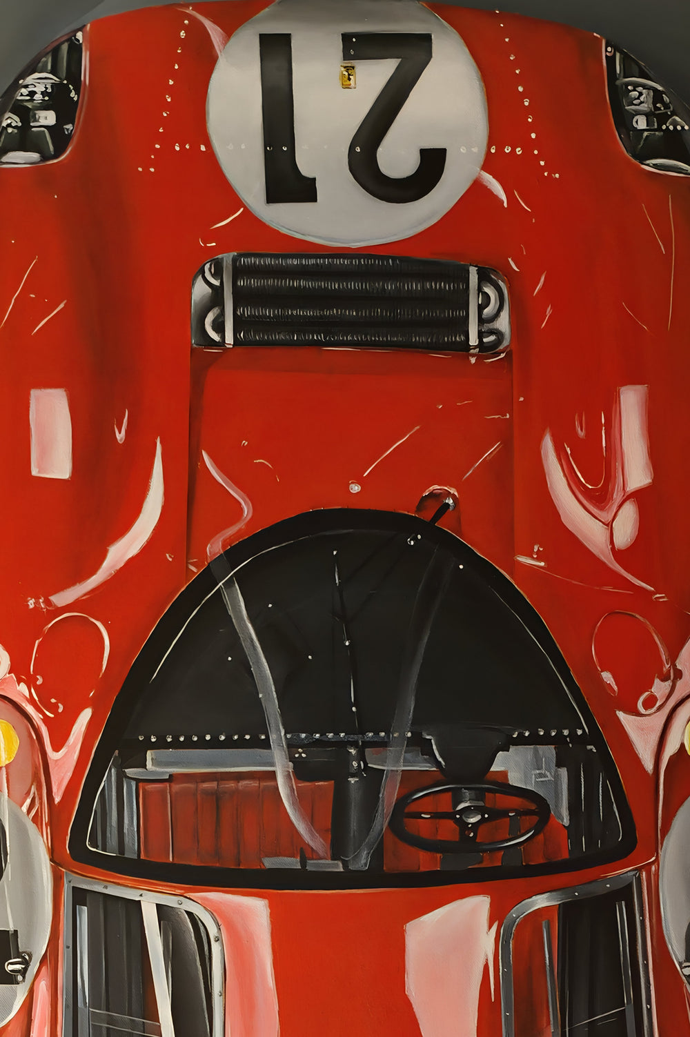 Hyperrealistic top-down portrait of the iconic Ferrari 330 P4 endurance racing car, painted in deep glossy Ferrari red with crisp white racing roundels bearing the number 21. Sleek aerodynamic curves, riveted bodywork, and black cockpit details are captured with extraordinary precision against a dark gradient background. A celebration of Italian engineering and motorsport heritage elevated to fine art.