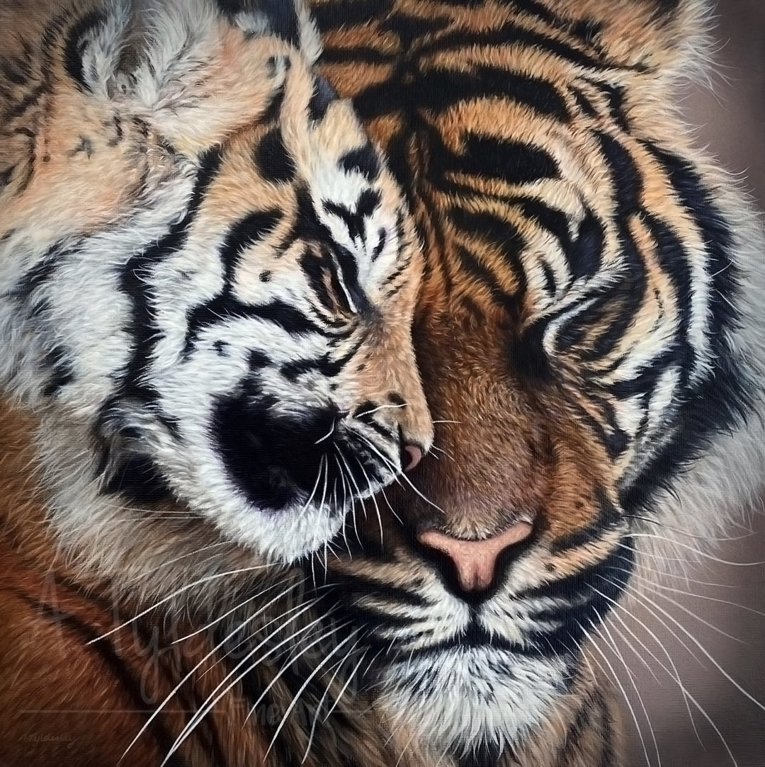 Close-up painting of two tigers nuzzling affectionately, showcasing their detailed fur and facial features.