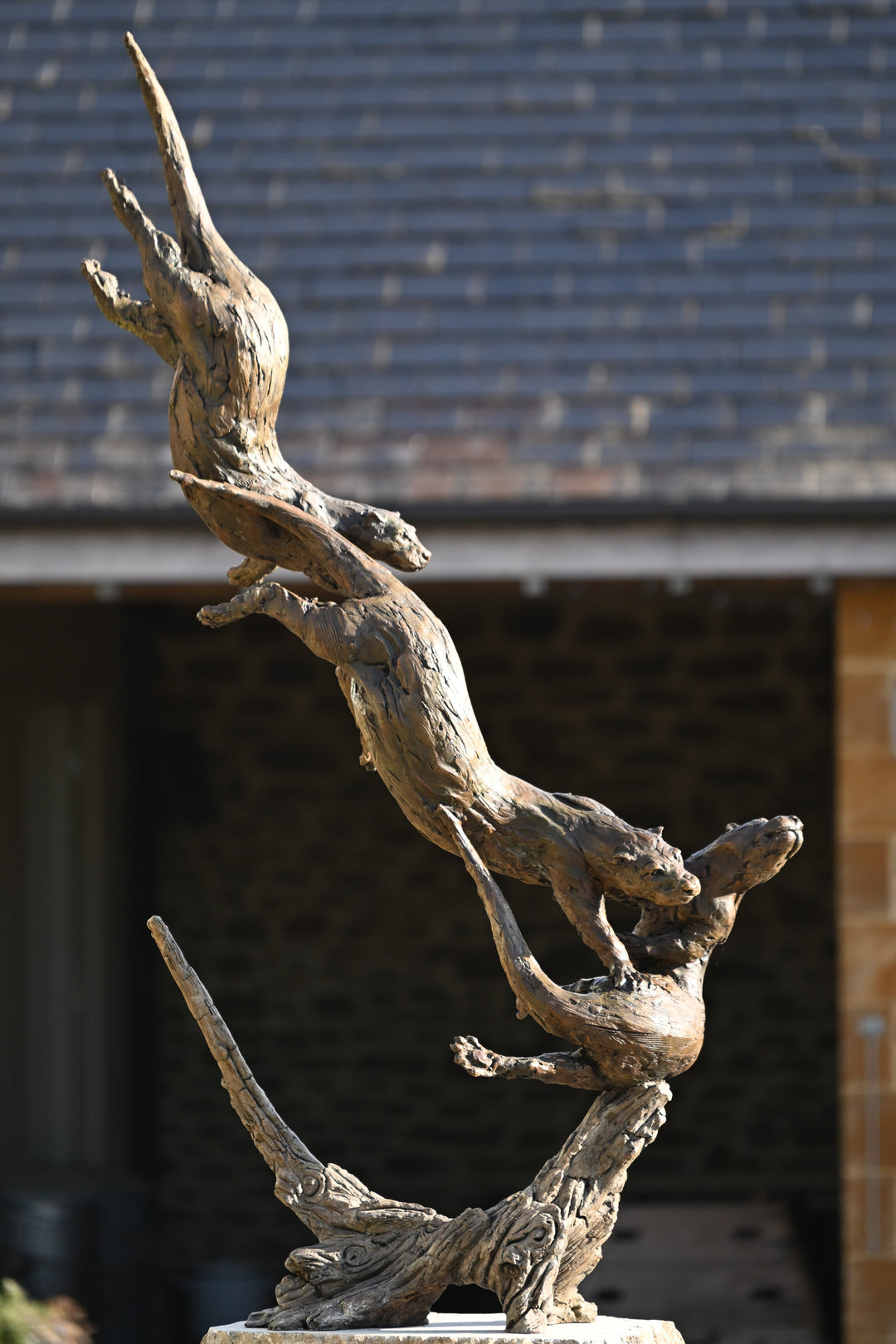 ‘Otters Playing Underwater’ by Hamish Mackie, a life-size limited-edition bronze wildlife sculpture depicting a mother otter and her playful cubs twisting, diving and swimming around a sculpted underwater tree root. The dynamic vertical composition features expressive animal movements, detailed fur textures and a weathered bronze finish in rich brown and earthy tones, capturing the playful energy and natural behaviour of otters beneath the water.