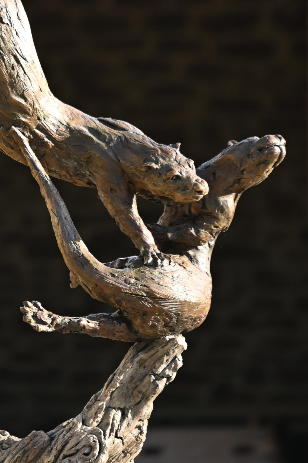 ‘Otters Playing Underwater’ by Hamish Mackie, a life-size limited-edition bronze wildlife sculpture depicting a mother otter and her playful cubs twisting, diving and swimming around a sculpted underwater tree root. The dynamic vertical composition features expressive animal movements, detailed fur textures and a weathered bronze finish in rich brown and earthy tones, capturing the playful energy and natural behaviour of otters beneath the water.