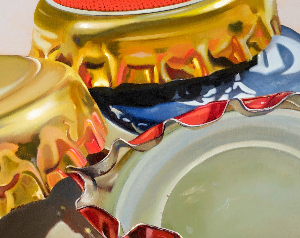 Sandra Busby hyperrealist oil painting of discarded bottle caps, capturing reflective metal surfaces, worn textures and vivid colour contrasts.