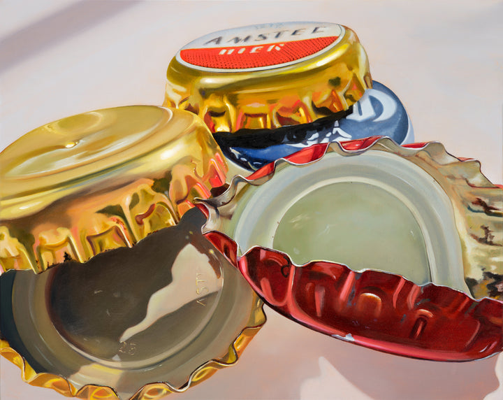 Sandra Busby hyperrealist oil painting of discarded bottle caps, capturing reflective metal surfaces, worn textures and vivid colour contrasts.