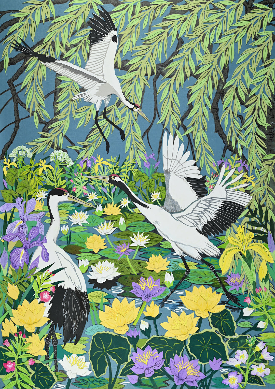 Cut-paper artwork featuring elegant cranes in flight and at rest above a vibrant pond filled with yellow and white waterlilies, purple irises and layered green foliage, all framed by sweeping willow branches; richly detailed and full of colour and movement.