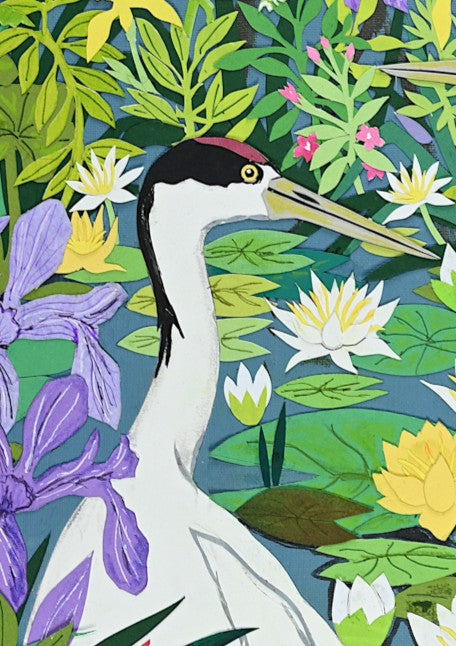 Cut-paper artwork featuring elegant cranes in flight and at rest above a vibrant pond filled with yellow and white waterlilies, purple irises and layered green foliage, all framed by sweeping willow branches; richly detailed and full of colour and movement.