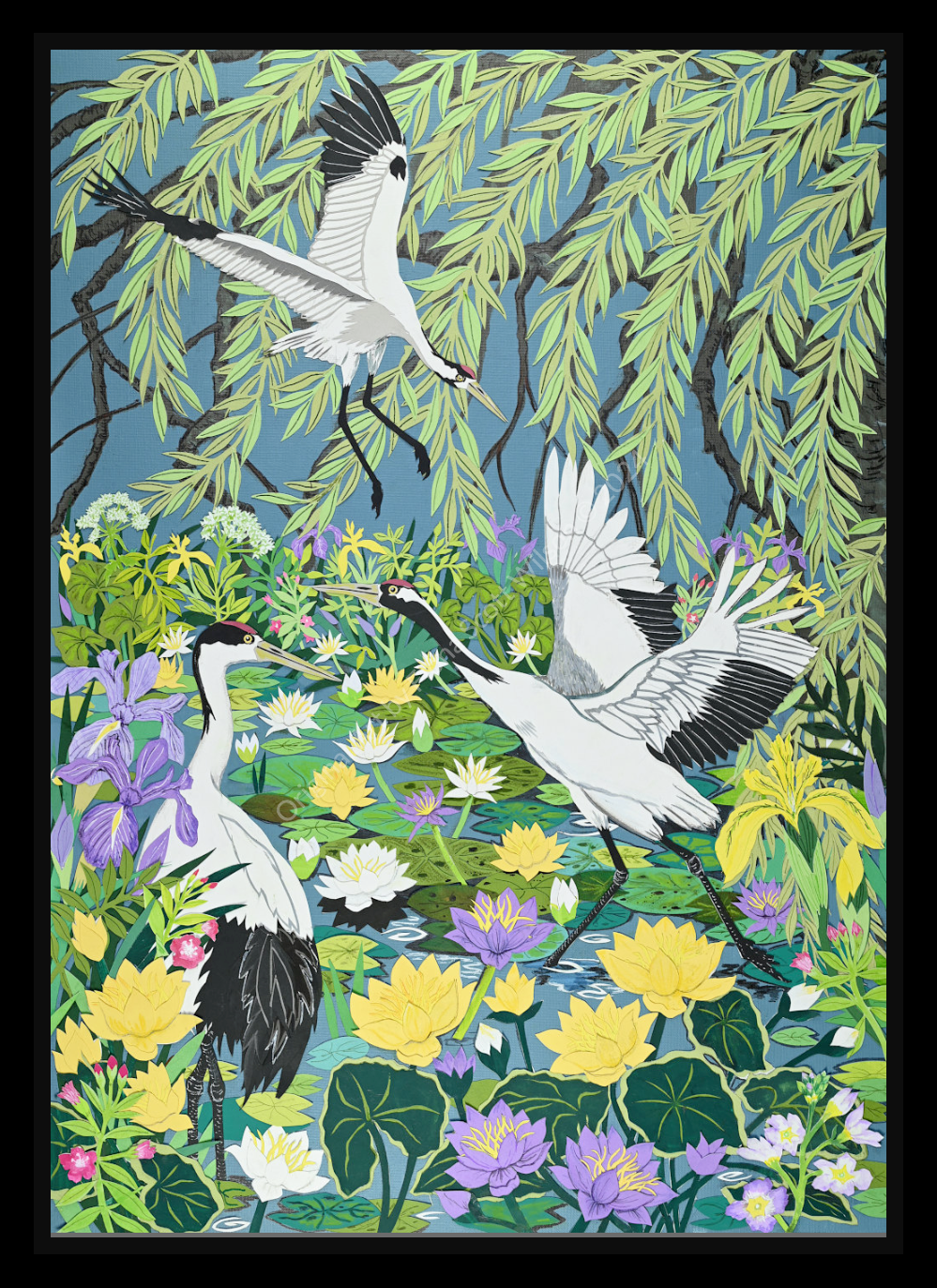 Cut-paper artwork featuring elegant cranes in flight and at rest above a vibrant pond filled with yellow and white waterlilies, purple irises and layered green foliage, all framed by sweeping willow branches; richly detailed and full of colour and movement.