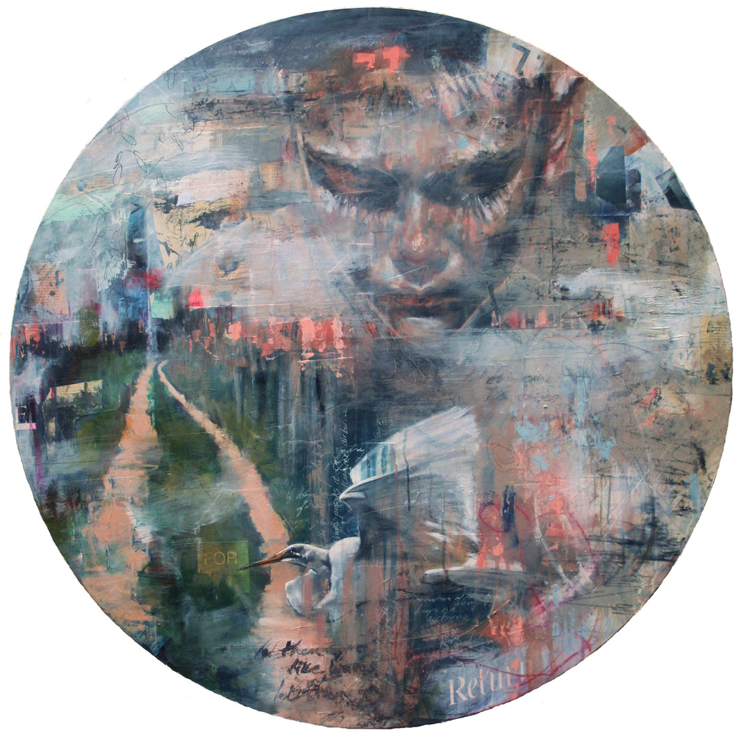 Circular mixed media painting by Toni Cogdell featuring a large, introspective female face emerging from layered abstract textures and soft washes of colour. A winding path leads into a dreamlike cityscape on the left, while a white bird appears mid-flight in the lower foreground. Subtle text fragments, collage elements, and expressive brushwork evoke a sense of memory, loss, and transformation.