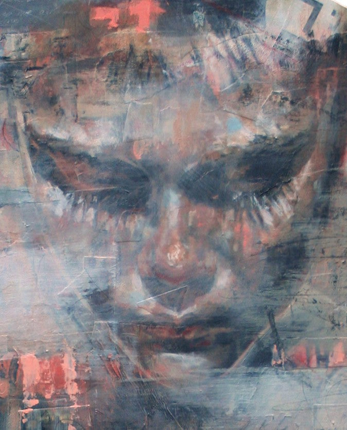 Circular mixed media painting by Toni Cogdell featuring a large, introspective female face emerging from layered abstract textures and soft washes of colour. A winding path leads into a dreamlike cityscape on the left, while a white bird appears mid-flight in the lower foreground. Subtle text fragments, collage elements, and expressive brushwork evoke a sense of memory, loss, and transformation.