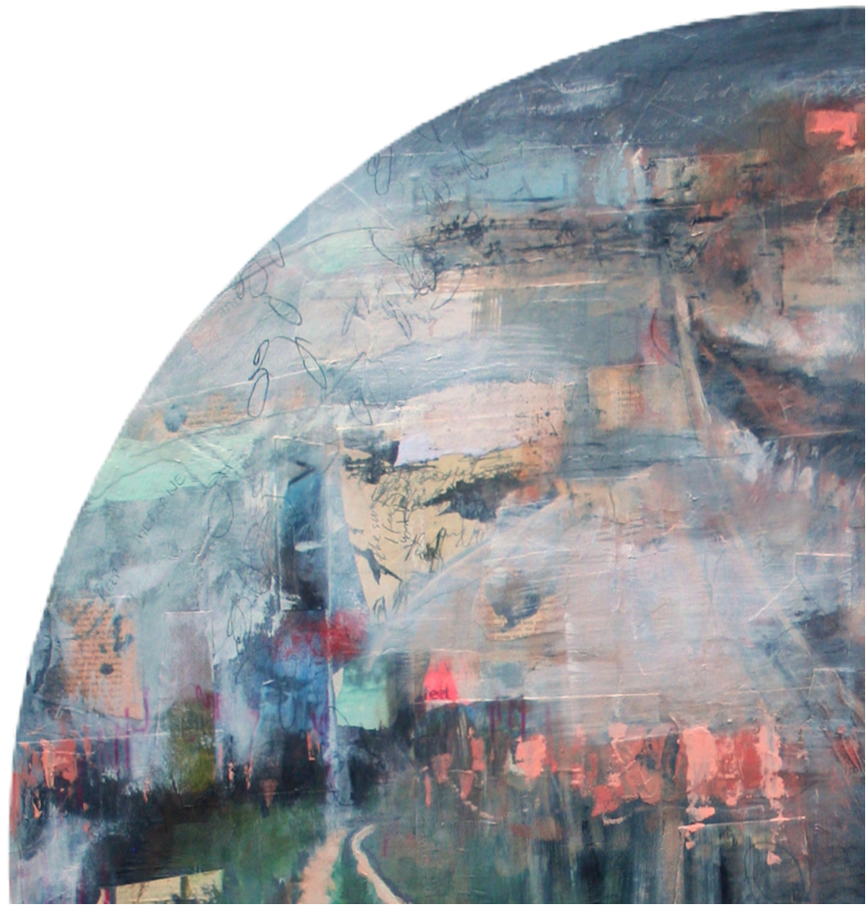 Circular mixed media painting by Toni Cogdell featuring a large, introspective female face emerging from layered abstract textures and soft washes of colour. A winding path leads into a dreamlike cityscape on the left, while a white bird appears mid-flight in the lower foreground. Subtle text fragments, collage elements, and expressive brushwork evoke a sense of memory, loss, and transformation.