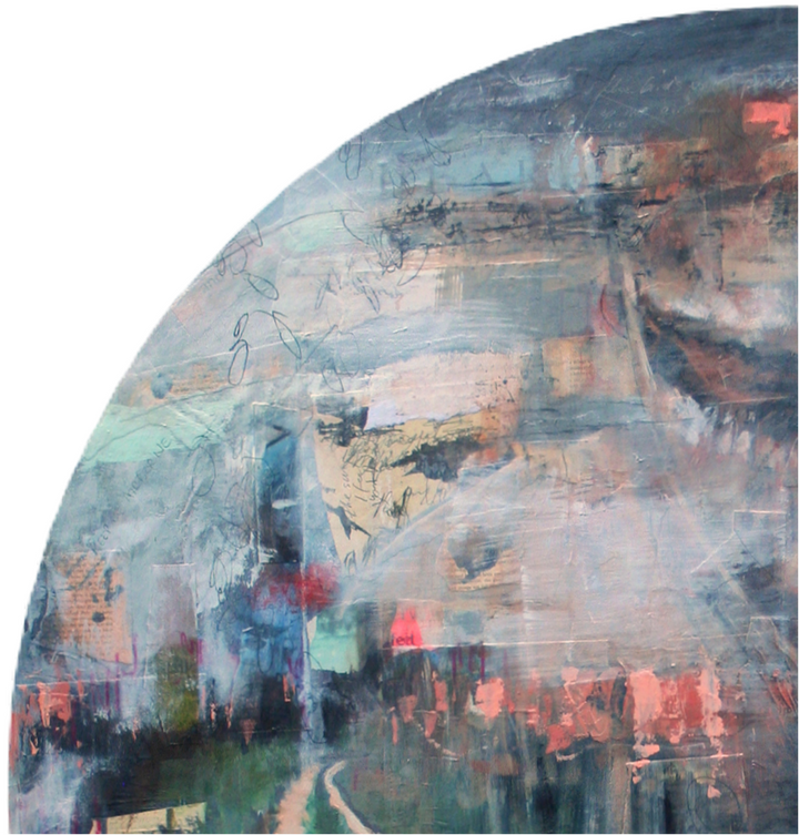 Circular mixed media painting by Toni Cogdell featuring a large, introspective female face emerging from layered abstract textures and soft washes of colour. A winding path leads into a dreamlike cityscape on the left, while a white bird appears mid-flight in the lower foreground. Subtle text fragments, collage elements, and expressive brushwork evoke a sense of memory, loss, and transformation.