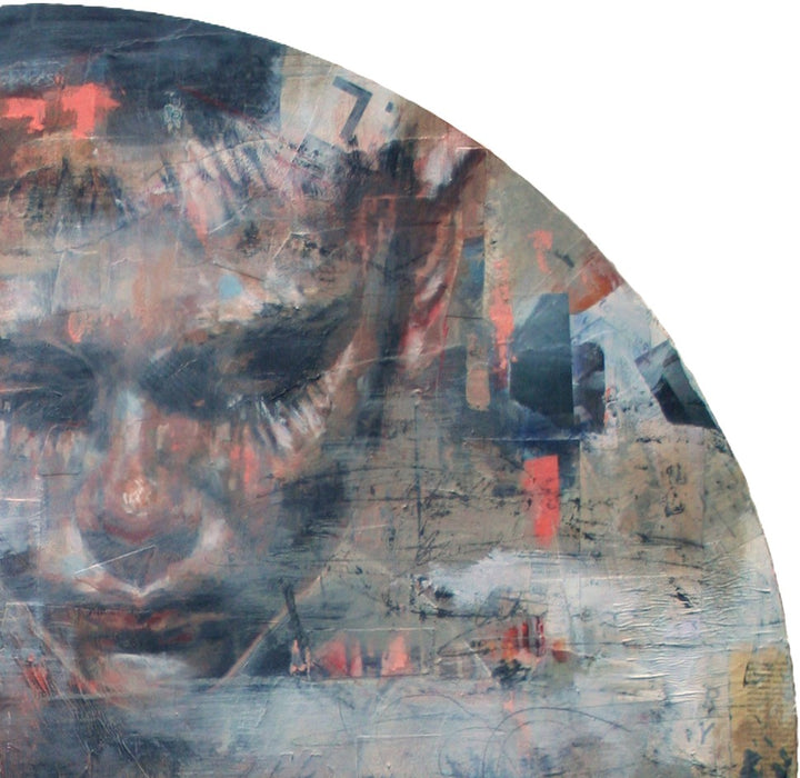 Circular mixed media painting by Toni Cogdell featuring a large, introspective female face emerging from layered abstract textures and soft washes of colour. A winding path leads into a dreamlike cityscape on the left, while a white bird appears mid-flight in the lower foreground. Subtle text fragments, collage elements, and expressive brushwork evoke a sense of memory, loss, and transformation.