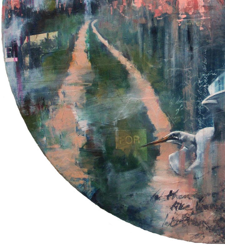 Circular mixed media painting by Toni Cogdell featuring a large, introspective female face emerging from layered abstract textures and soft washes of colour. A winding path leads into a dreamlike cityscape on the left, while a white bird appears mid-flight in the lower foreground. Subtle text fragments, collage elements, and expressive brushwork evoke a sense of memory, loss, and transformation.