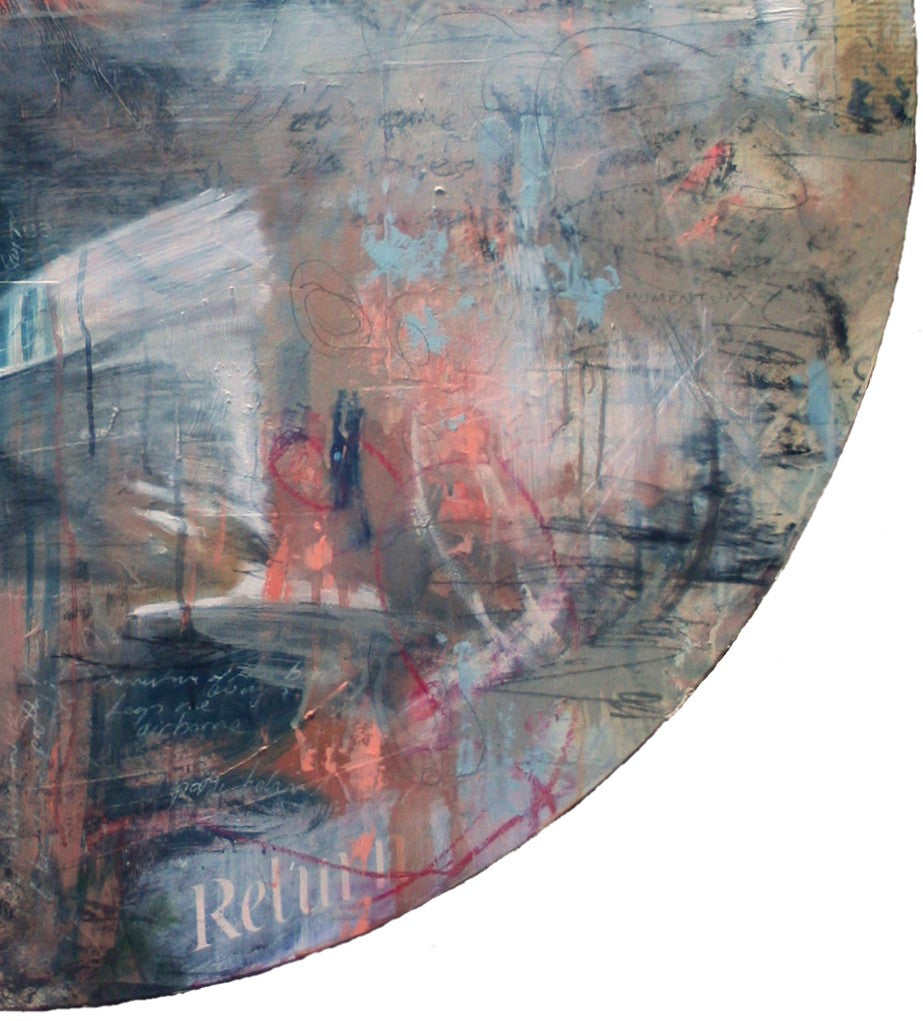 Circular mixed media painting by Toni Cogdell featuring a large, introspective female face emerging from layered abstract textures and soft washes of colour. A winding path leads into a dreamlike cityscape on the left, while a white bird appears mid-flight in the lower foreground. Subtle text fragments, collage elements, and expressive brushwork evoke a sense of memory, loss, and transformation.