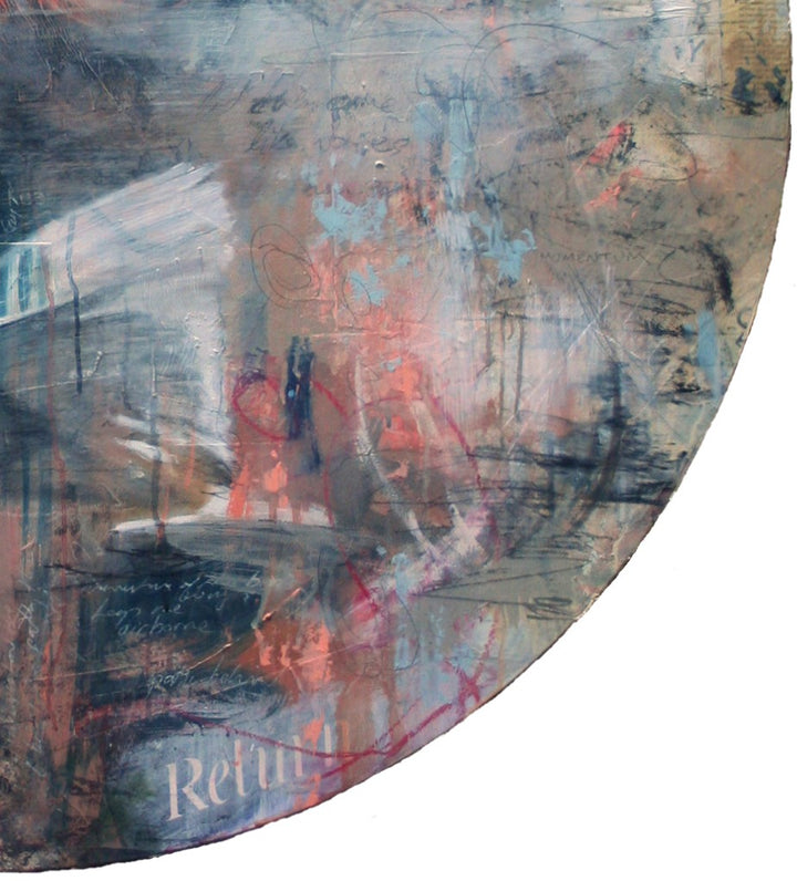 Circular mixed media painting by Toni Cogdell featuring a large, introspective female face emerging from layered abstract textures and soft washes of colour. A winding path leads into a dreamlike cityscape on the left, while a white bird appears mid-flight in the lower foreground. Subtle text fragments, collage elements, and expressive brushwork evoke a sense of memory, loss, and transformation.