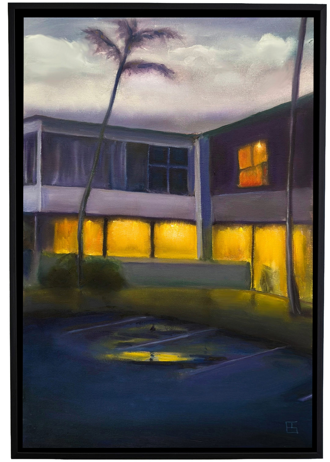 Florida by Ewan Story – oil on canvas painting of a modernist building at dusk with glowing amber windows, deep blue courtyard and palm trees, atmospheric contemporary wall art from The Collection.