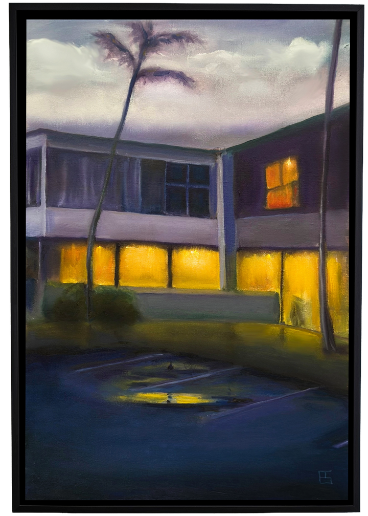 Florida by Ewan Story – oil on canvas painting of a modernist building at dusk with glowing amber windows, deep blue courtyard and palm trees, atmospheric contemporary wall art from The Collection.