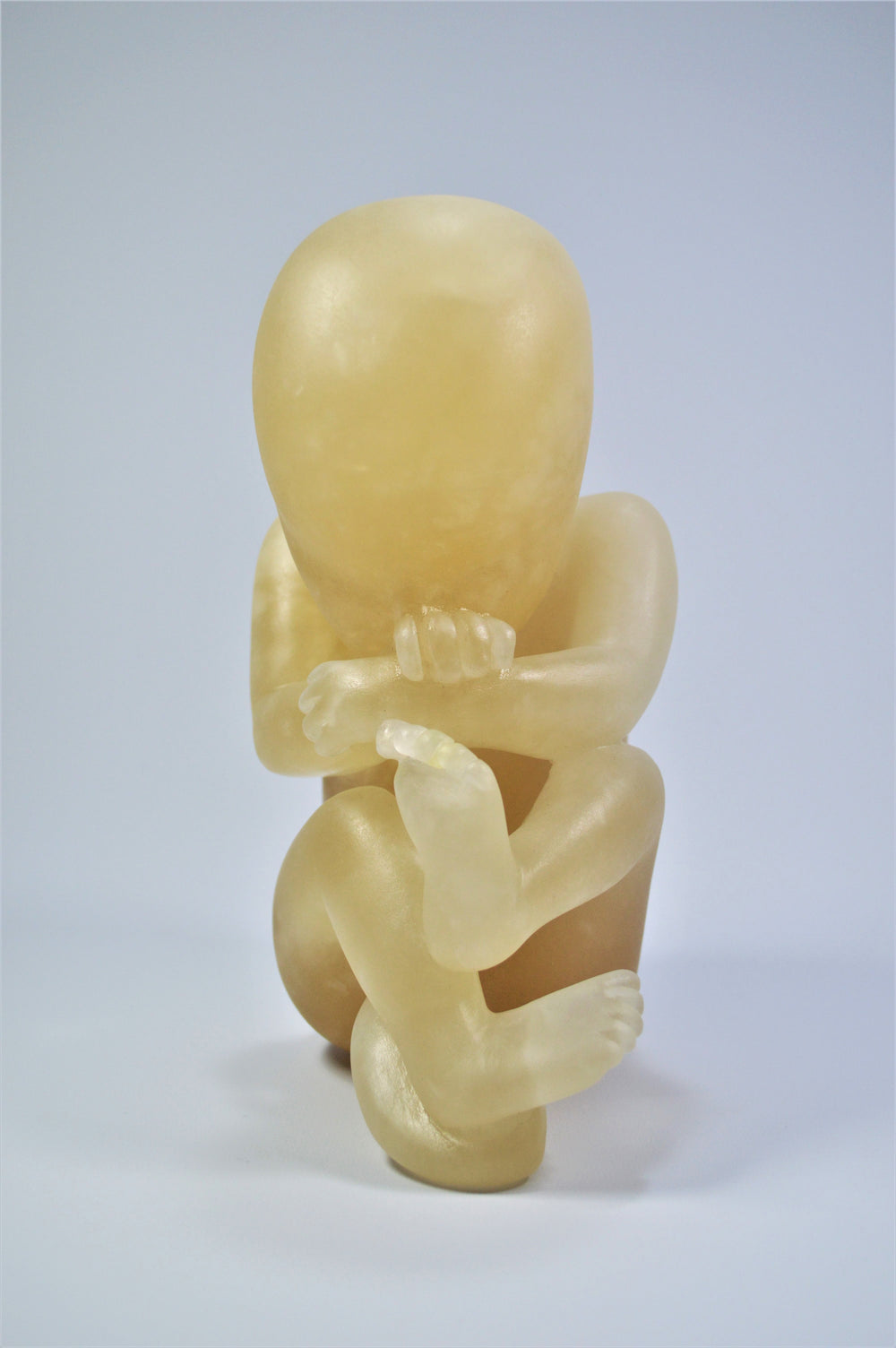Deborah Harrison alabaster sculpture Foetus, one-off hand-carved work in translucent champagne alabaster, depicting a curled unborn child in the womb-like position, with soft organic form and warm golden glow, symbolising life, vulnerability, and spiritual beginnings.