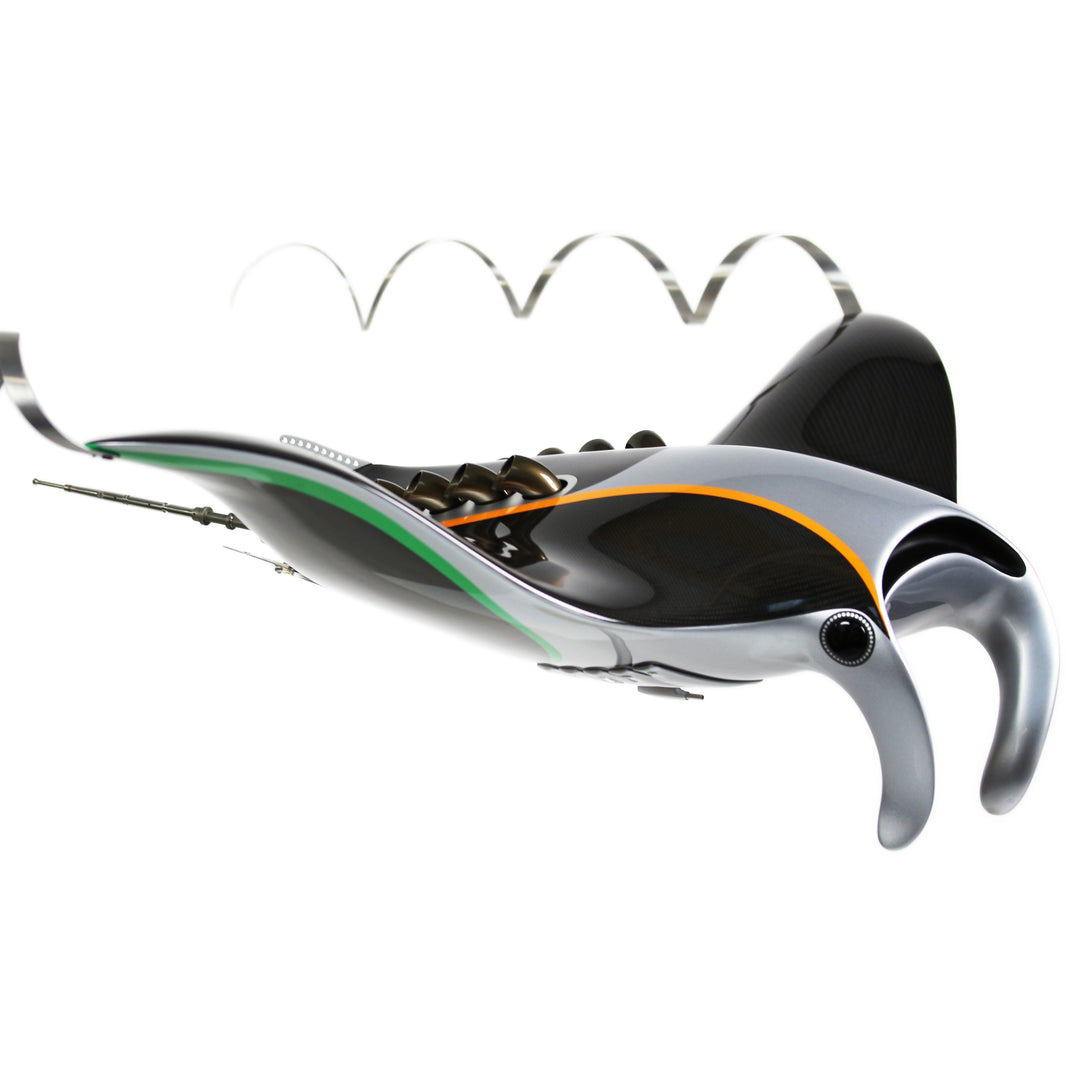 Alastair Gibson CarbonArt45 carbon fibre bespoke racing J manta ray sculpture with aluminium fins and Formula One components, suspended contemporary design