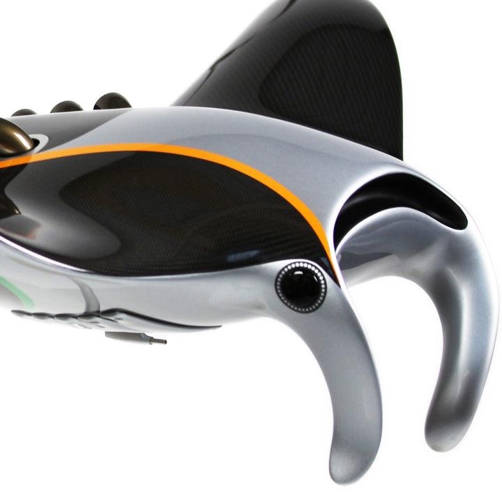 Alastair Gibson CarbonArt45 carbon fibre bespoke racing J manta ray sculpture with aluminium fins and Formula One components, suspended contemporary design