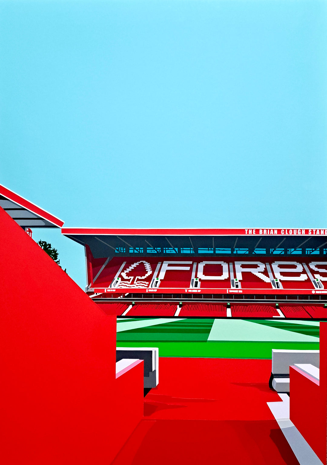 Original hand-cut vinyl artwork depicting the iconic Brian Clough Stand at Nottingham Forest’s City Ground. Seen from the player’s tunnel, the piece uses bold geometric shapes and vivid colours to capture the drama and symmetry of a match day perspective, with intense reds, lush greens, and a bright cyan sky.