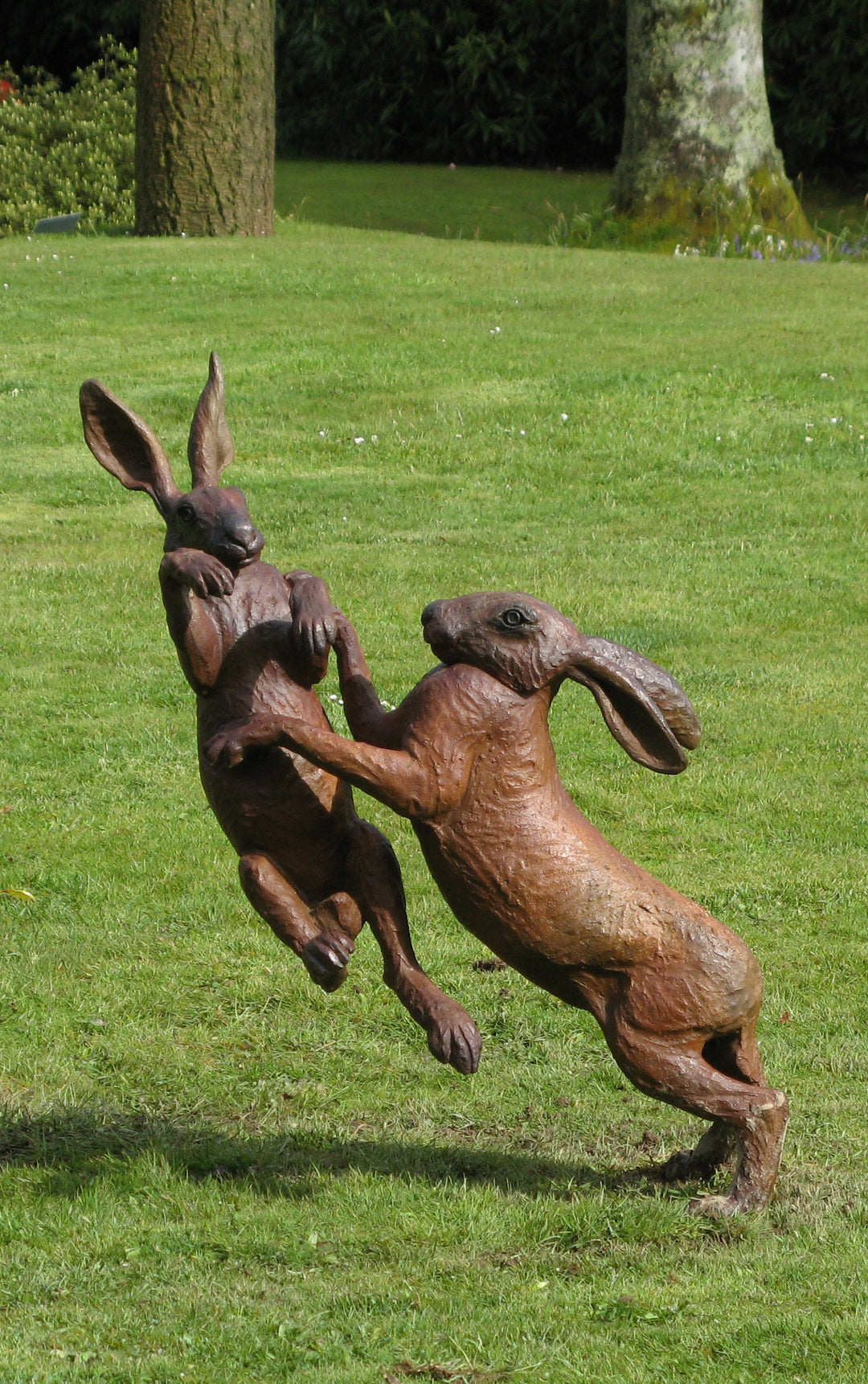 Bronze sculpture of two hares mid-boxing, captured in an energetic and dynamic pose on a grassy lawn. The detailing emphasises the muscular forms and textured fur, with one hare slightly airborne as they engage in playful combat.