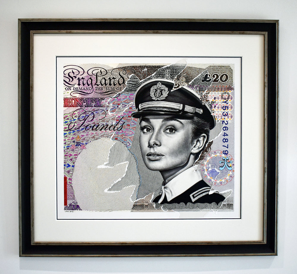 Contemporary artwork reimagining a £20 banknote featuring a poised Audrey Hepburn in a naval officer’s uniform, rendered in photorealistic detail with layered currency motifs using biro.