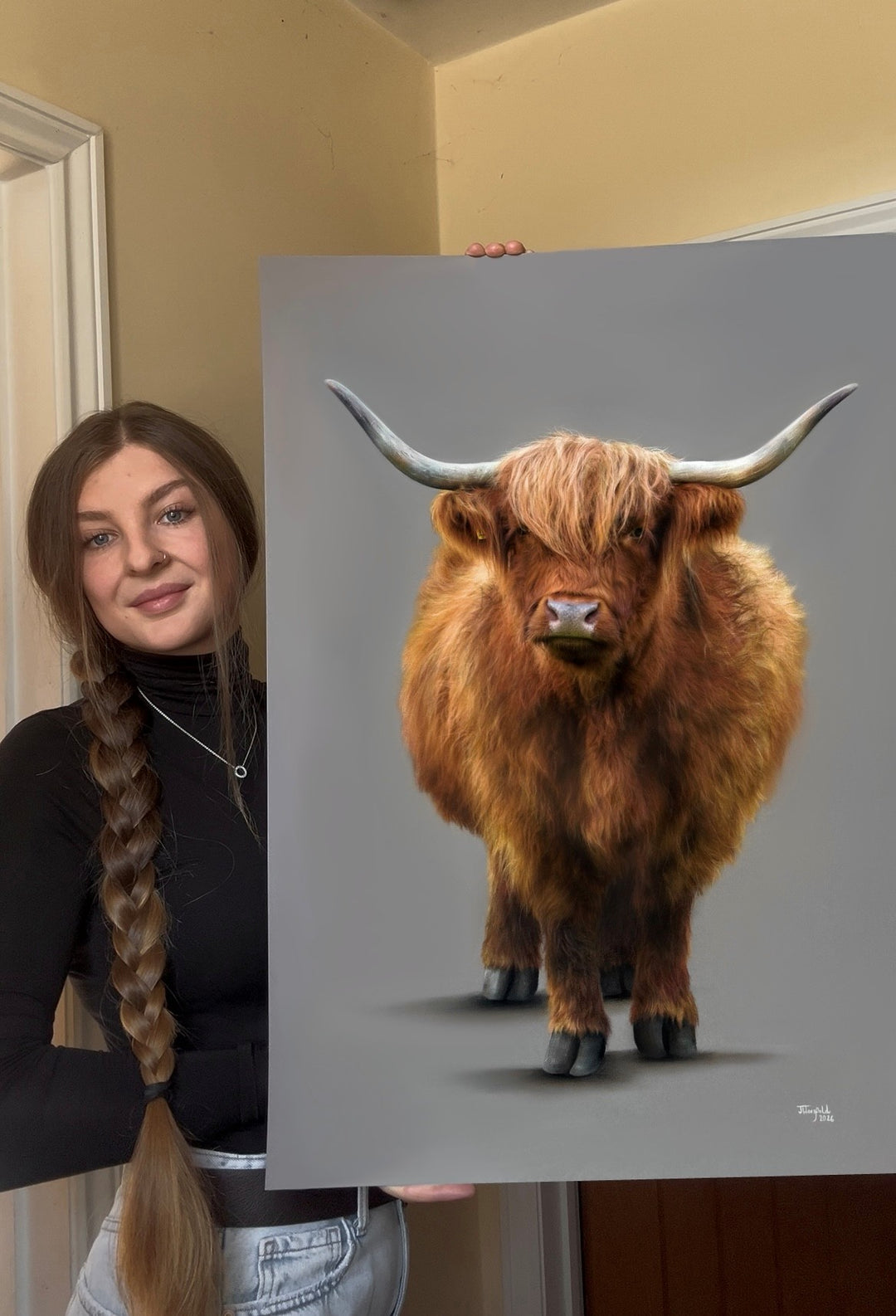 ‘Fraser’ Highland bull by Jemma Worsfold, hyper-realistic coloured pencil wall art featuring a front-facing Scottish Highland cow with rich auburn, brown and ginger coat, grey horns and neutral grey background