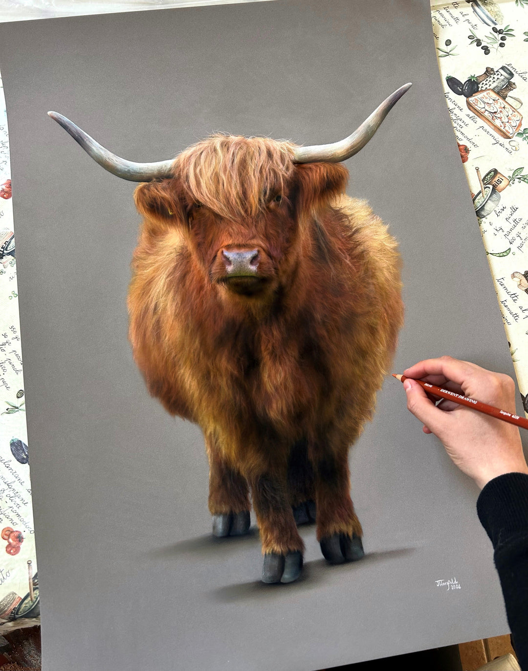 ‘Fraser’ Highland bull by Jemma Worsfold, hyper-realistic coloured pencil wall art featuring a front-facing Scottish Highland cow with rich auburn, brown and ginger coat, grey horns and neutral grey background