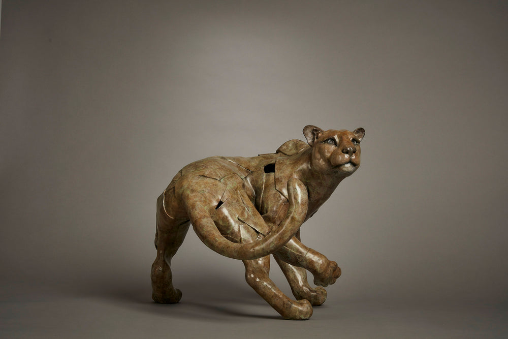 Limited edition bronze leopard sculpture by British wildlife sculptor Fred Gordon. The big cat is shown mid-stride, tail curled dramatically and body tense with movement, capturing the grace, stealth, and raw energy of a leopard on the move. The surface is richly patinated with earthy tones of bronze, green, and subtle golden-brown hues, enhancing the muscular detail and lifelike presence. Signed and numbered, this work embodies strength, elegance, and the spirit of the wild.