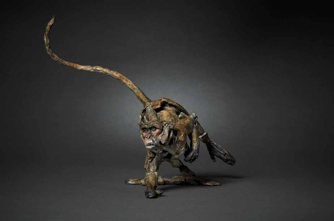 Limited edition bronze sculpture of a running macaque by British sculptor Fred Gordon. The piece captures the primate mid-stride with one arm reaching forward, legs bent in motion, and tail raised in a dynamic arc. The surface is richly textured, with earthy bronze patina tones of brown, black, and green, accented by subtle reddish highlights around the face. A signed and numbered edition of 12, the sculpture embodies movement, vitality, and raw energy in bronze form.