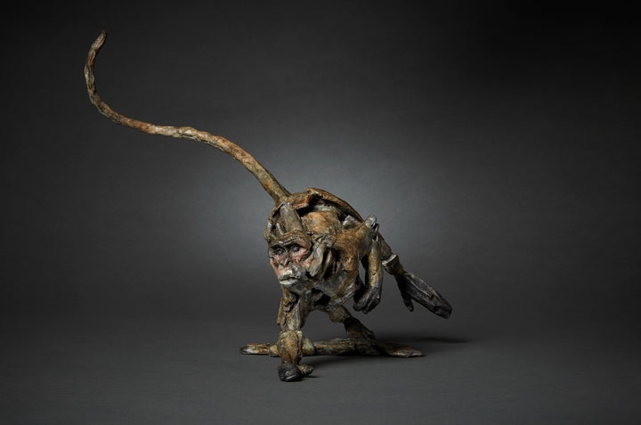 Limited edition bronze sculpture of a running macaque by British sculptor Fred Gordon. The piece captures the primate mid-stride with one arm reaching forward, legs bent in motion, and tail raised in a dynamic arc. The surface is richly textured, with earthy bronze patina tones of brown, black, and green, accented by subtle reddish highlights around the face. A signed and numbered edition of 12, the sculpture embodies movement, vitality, and raw energy in bronze form.