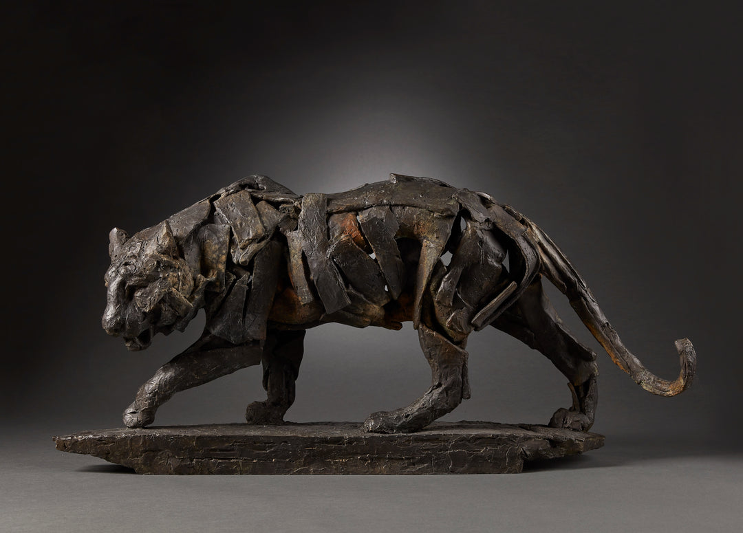 Limited edition bronze sculpture of a walking tiger by Fred Gordon. The piece shows the tiger mid-stride, muscles and movement captured through layered bronze planes that give a sense of both strength and fluidity. Rich dark patinas with earthy highlights emphasise the texture of the bronze, evoking the raw power and grace of this endangered predator. Signed and numbered in an edition of 12, the sculpture blends realism with abstraction, making it a striking wildlife artwork.