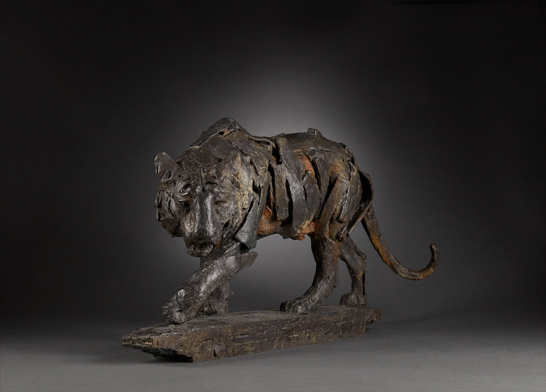 Limited edition bronze sculpture of a walking tiger by Fred Gordon. The piece shows the tiger mid-stride, muscles and movement captured through layered bronze planes that give a sense of both strength and fluidity. Rich dark patinas with earthy highlights emphasise the texture of the bronze, evoking the raw power and grace of this endangered predator. Signed and numbered in an edition of 12, the sculpture blends realism with abstraction, making it a striking wildlife artwork.