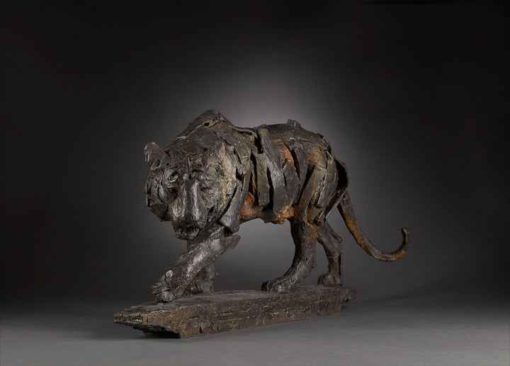 Limited edition bronze sculpture of a walking tiger by Fred Gordon. The piece shows the tiger mid-stride, muscles and movement captured through layered bronze planes that give a sense of both strength and fluidity. Rich dark patinas with earthy highlights emphasise the texture of the bronze, evoking the raw power and grace of this endangered predator. Signed and numbered in an edition of 12, the sculpture blends realism with abstraction, making it a striking wildlife artwork.