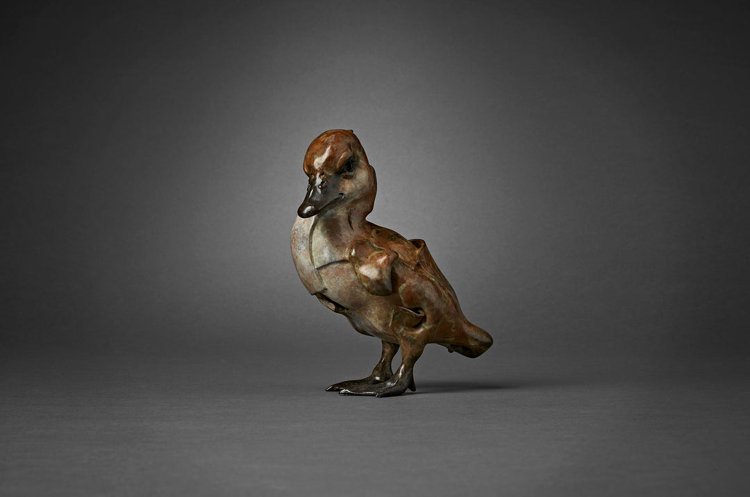 Limited edition bronze sculpture of a duckling titled Winged Duckling by British sculptor Fred Gordon. The piece captures the fragile, curious stance of a young bird with folded wings and soft rounded form, enhanced by a textured surface and fine detailing. Finished with a natural bronze patina in earthy browns, greens, and subtle dark highlights, the work stands on its own base. Signed, numbered, and cast in a small edition of 25, this intimate wildlife artwork combines lifelike sculptural design