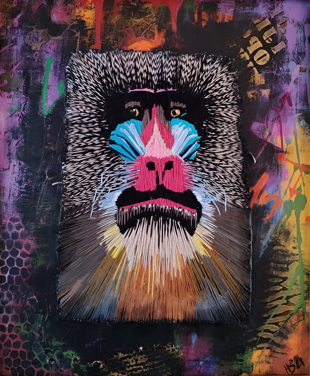 “Freddy, You Lied” by Helena Safari, hand embroidery with acrylic and print on canvas. A striking mandrill face dominates the composition, its fur meticulously rendered in dense embroidered threads. Bright pink, electric blue, black, yellow, and white threads emphasise the animal’s features, while its piercing amber eyes suggest intensity and unease. The background is layered with graffiti-style textures in purple, orange, green, and black, amplifying the sense of raw emotion and chaos.