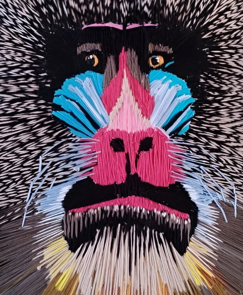 “Freddy, You Lied” by Helena Safari, hand embroidery with acrylic and print on canvas. A striking mandrill face dominates the composition, its fur meticulously rendered in dense embroidered threads. Bright pink, electric blue, black, yellow, and white threads emphasise the animal’s features, while its piercing amber eyes suggest intensity and unease. The background is layered with graffiti-style textures in purple, orange, green, and black, amplifying the sense of raw emotion and chaos.