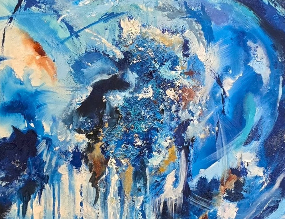 Highly textured blue and gold abstract painting with sweeping circular motion, cascading drips and layered brushstrokes, evoking water, movement and freedom, framed in a gold tray frame.