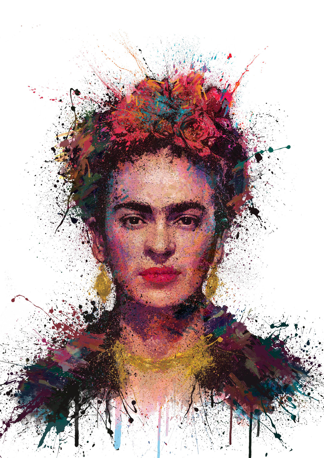 Vibrant portrait of Frida Kahlo created in a dynamic splatter style, featuring rich textures, floral tones, and bold colour contrasts with expressive facial detail.